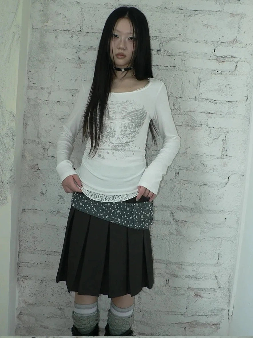 ang project Vintage Lace Trim U Neck Floral Print T-shirt T-shirt