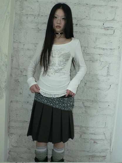 ang project Vintage Lace Trim U Neck Floral Print T-shirt T-shirt