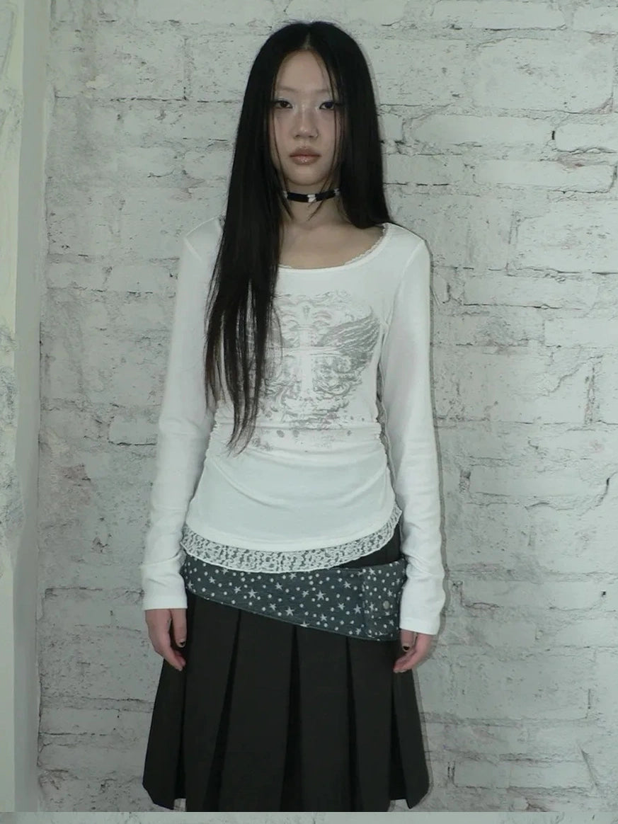 ang project Vintage Lace Trim U Neck Floral Print T-shirt T-shirt