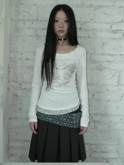 ang project Vintage Lace Trim U Neck Floral Print T-shirt T-shirt