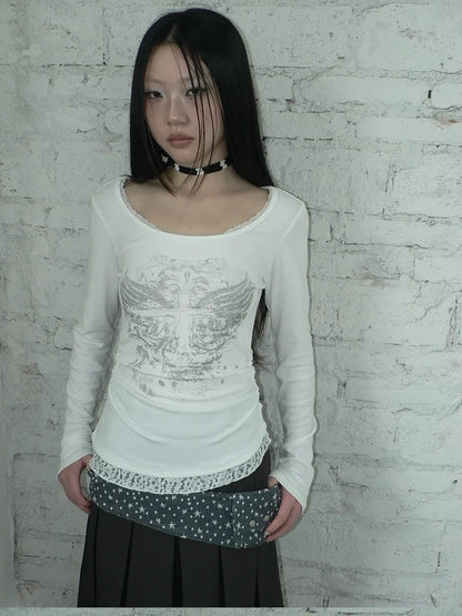 ang project Vintage Lace Trim U Neck Floral Print T-shirt T-shirt