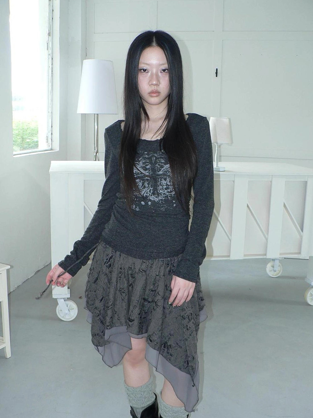 ang project Vintage Lace Trim U Neck Floral Print T-shirt T-shirt