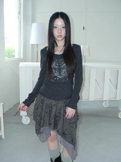 ang project Vintage Lace Trim U Neck Floral Print T-shirt T-shirt