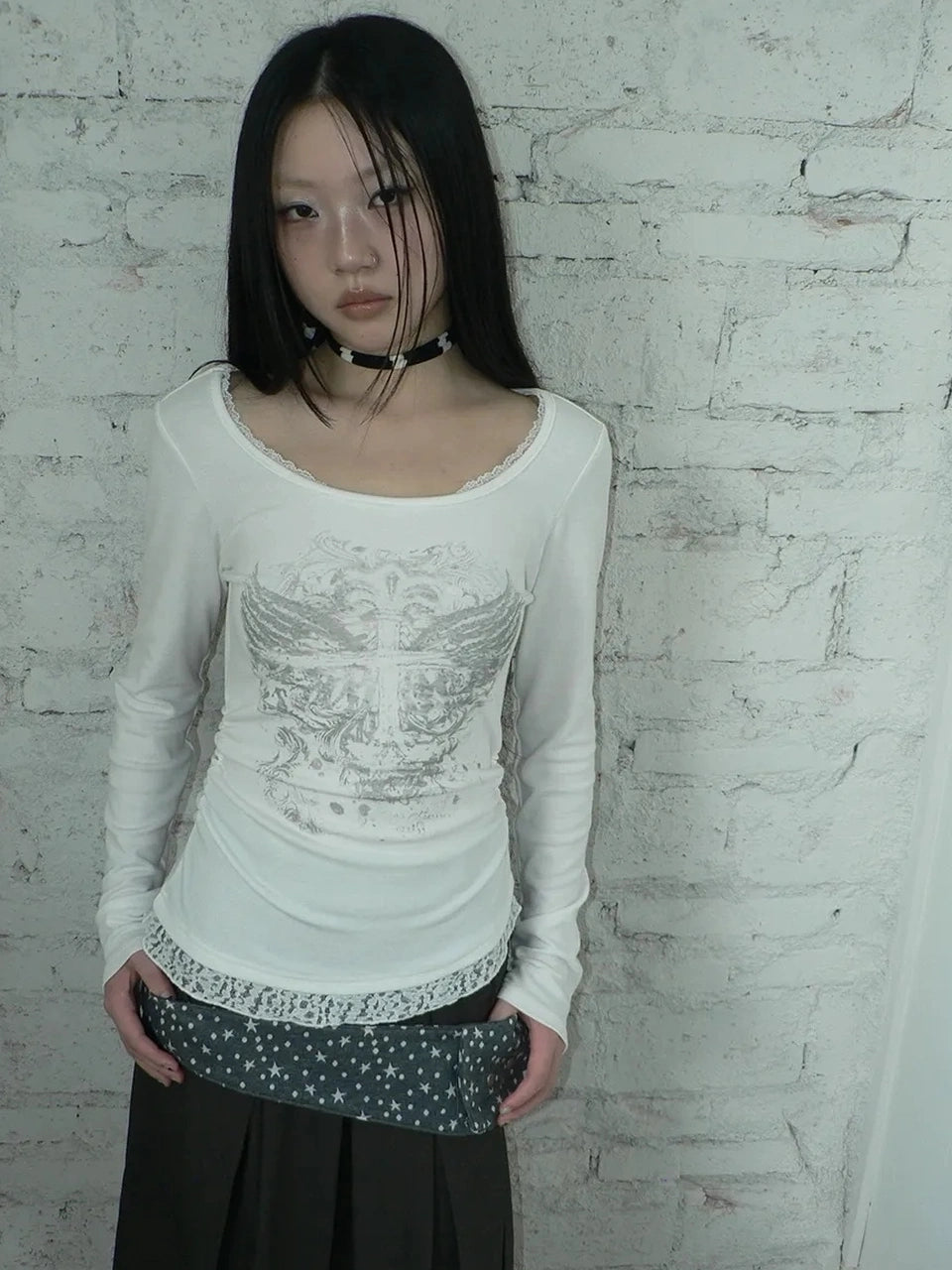 ang project Vintage Lace Trim U Neck Floral Print T-shirt T-shirt