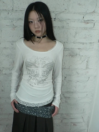 ang project Vintage Lace Trim U Neck Floral Print T-shirt T-shirt