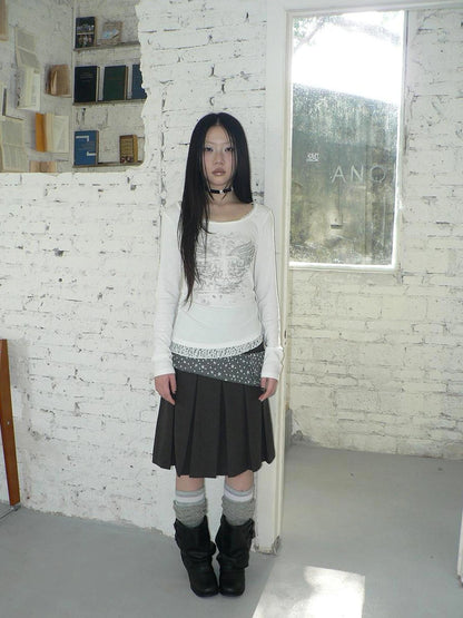 ang project Vintage Lace Trim U Neck Floral Print T-shirt T-shirt