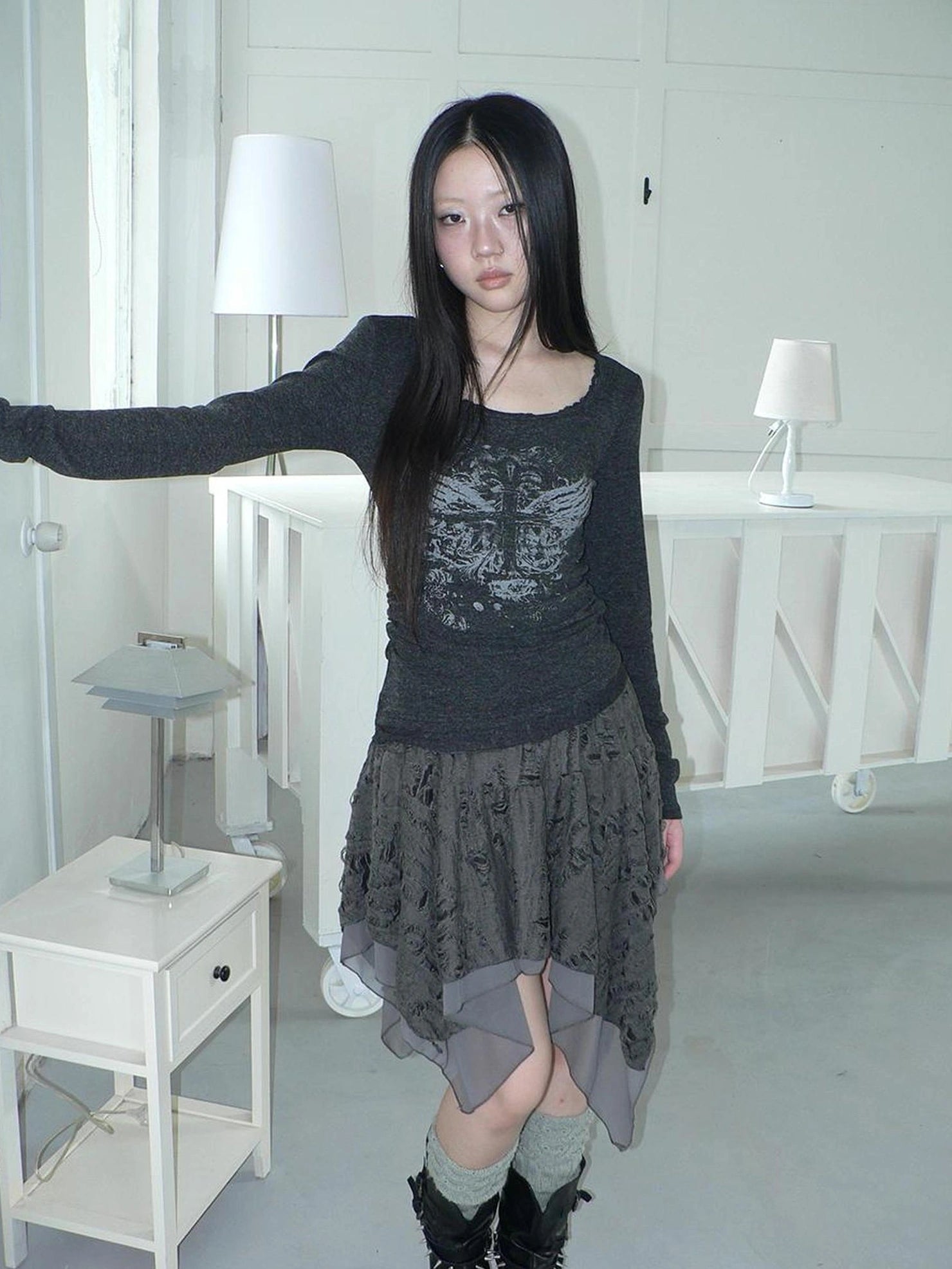 ang project Vintage Lace Trim U Neck Floral Print T-shirt T-shirt