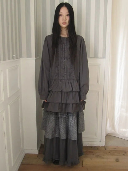 ang project Vintage Lace Trimmed Button Detail Ruffle Hem Blouse Shirts