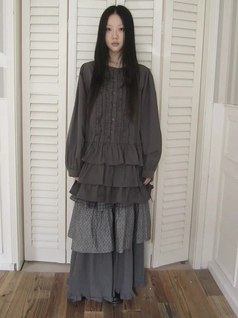 ang project Vintage Lace Trimmed Button Detail Ruffle Hem Blouse Shirts