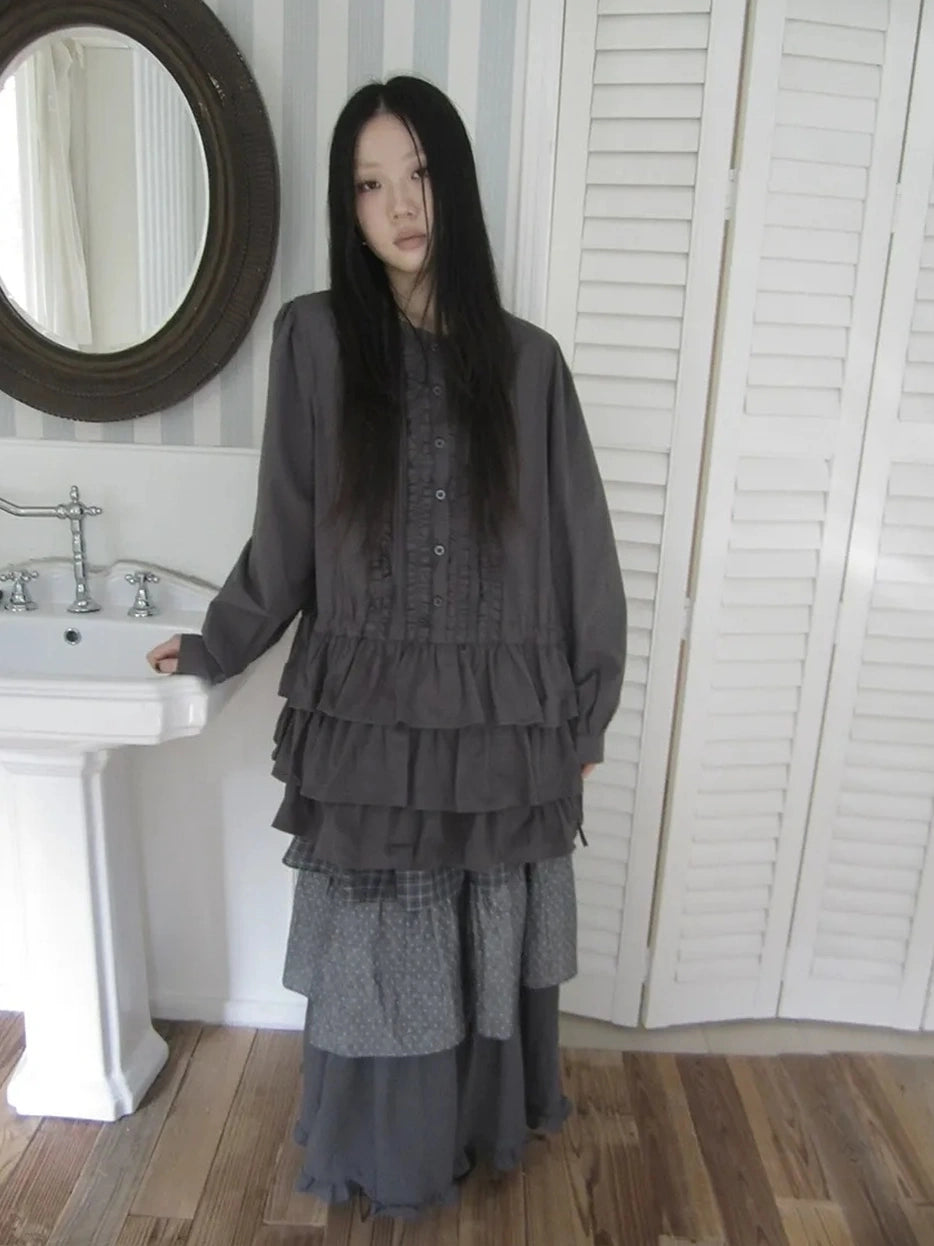 ang project Vintage Lace Trimmed Button Detail Ruffle Hem Blouse Shirts