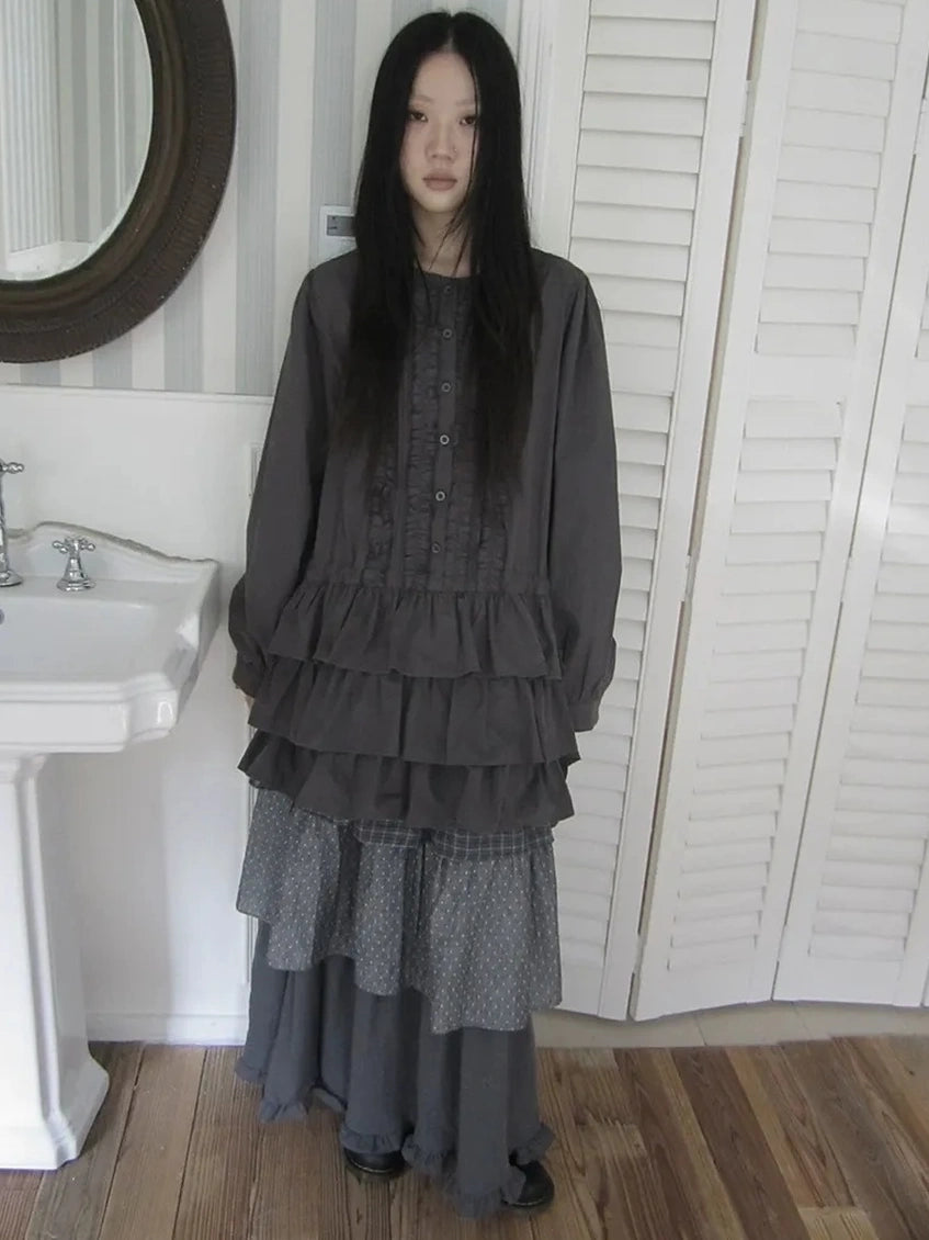 ang project Vintage Lace Trimmed Button Detail Ruffle Hem Blouse Shirts