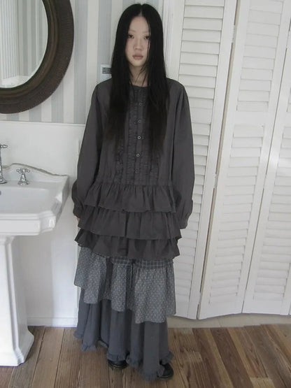 ang project Vintage Lace Trimmed Button Detail Ruffle Hem Blouse Shirts