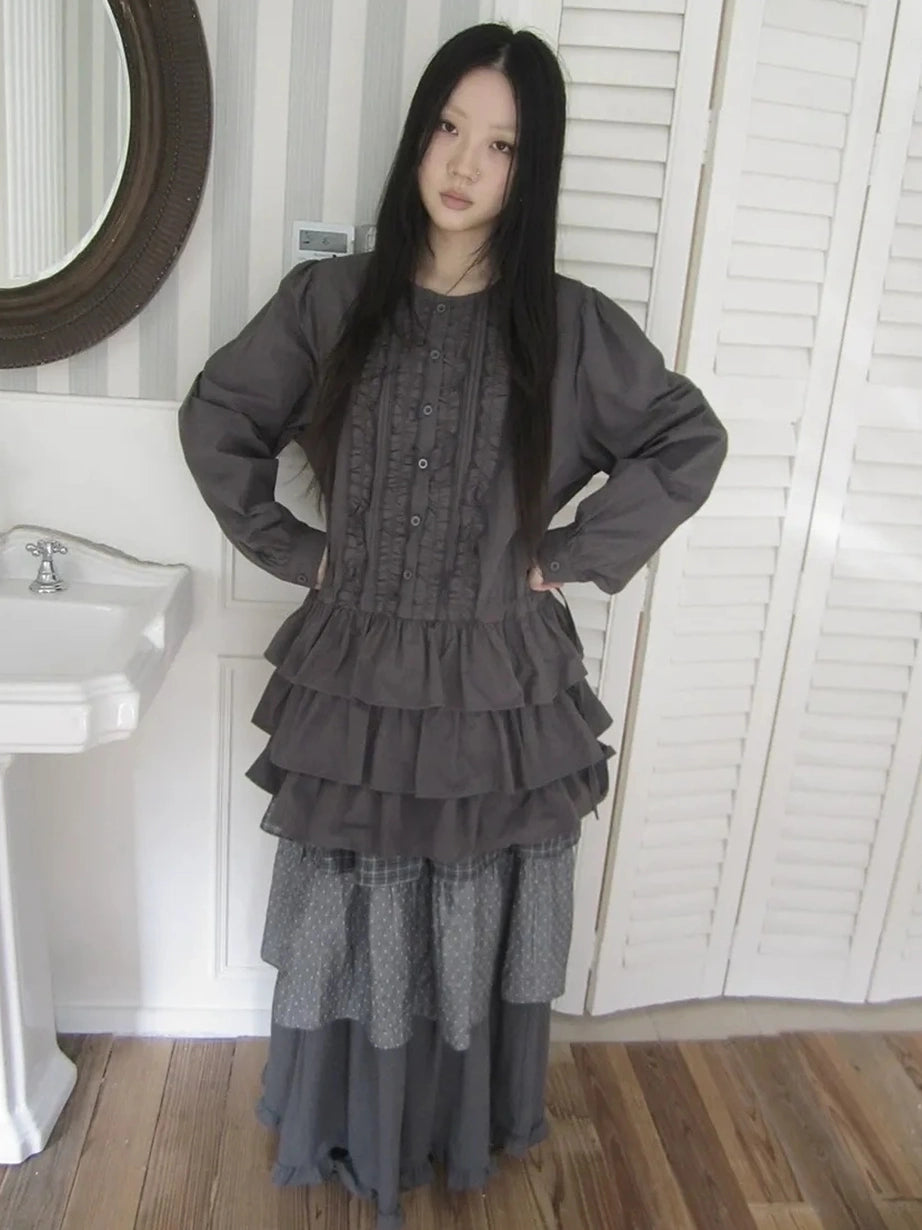 ang project Vintage Lace Trimmed Button Detail Ruffle Hem Blouse Shirts