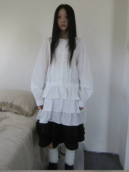 ang project Vintage Lace Trimmed Button Detail Ruffle Hem Blouse Shirts