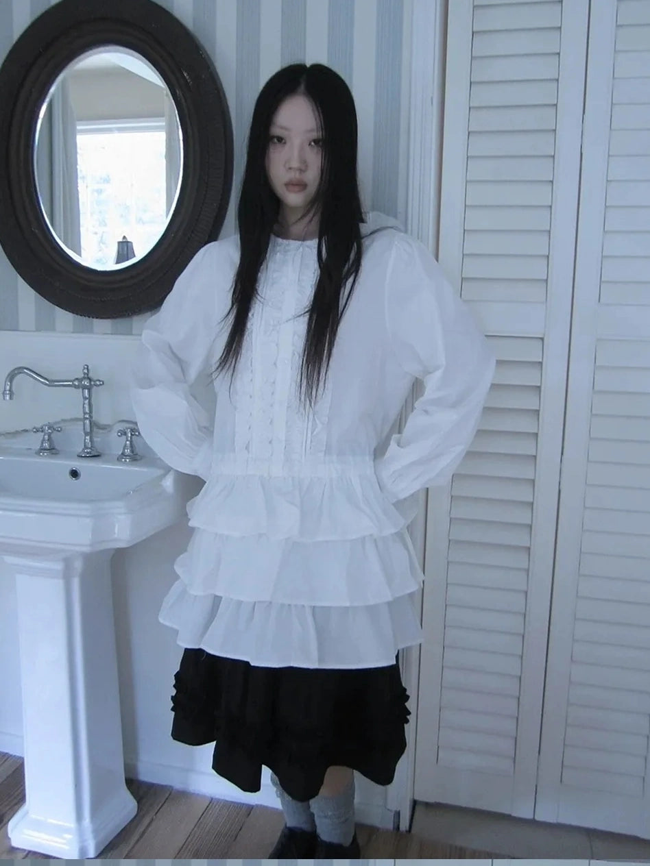 ang project Vintage Lace Trimmed Button Detail Ruffle Hem Blouse Shirts