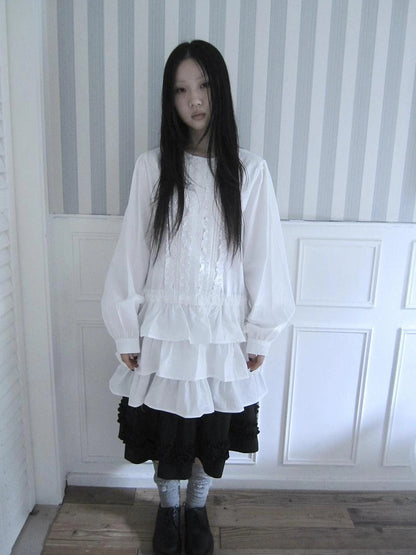 ang project Vintage Lace Trimmed Button Detail Ruffle Hem Blouse Shirts