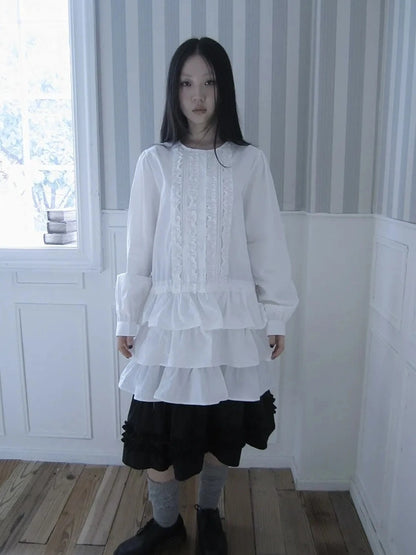 ang project Vintage Lace Trimmed Button Detail Ruffle Hem Blouse Shirts