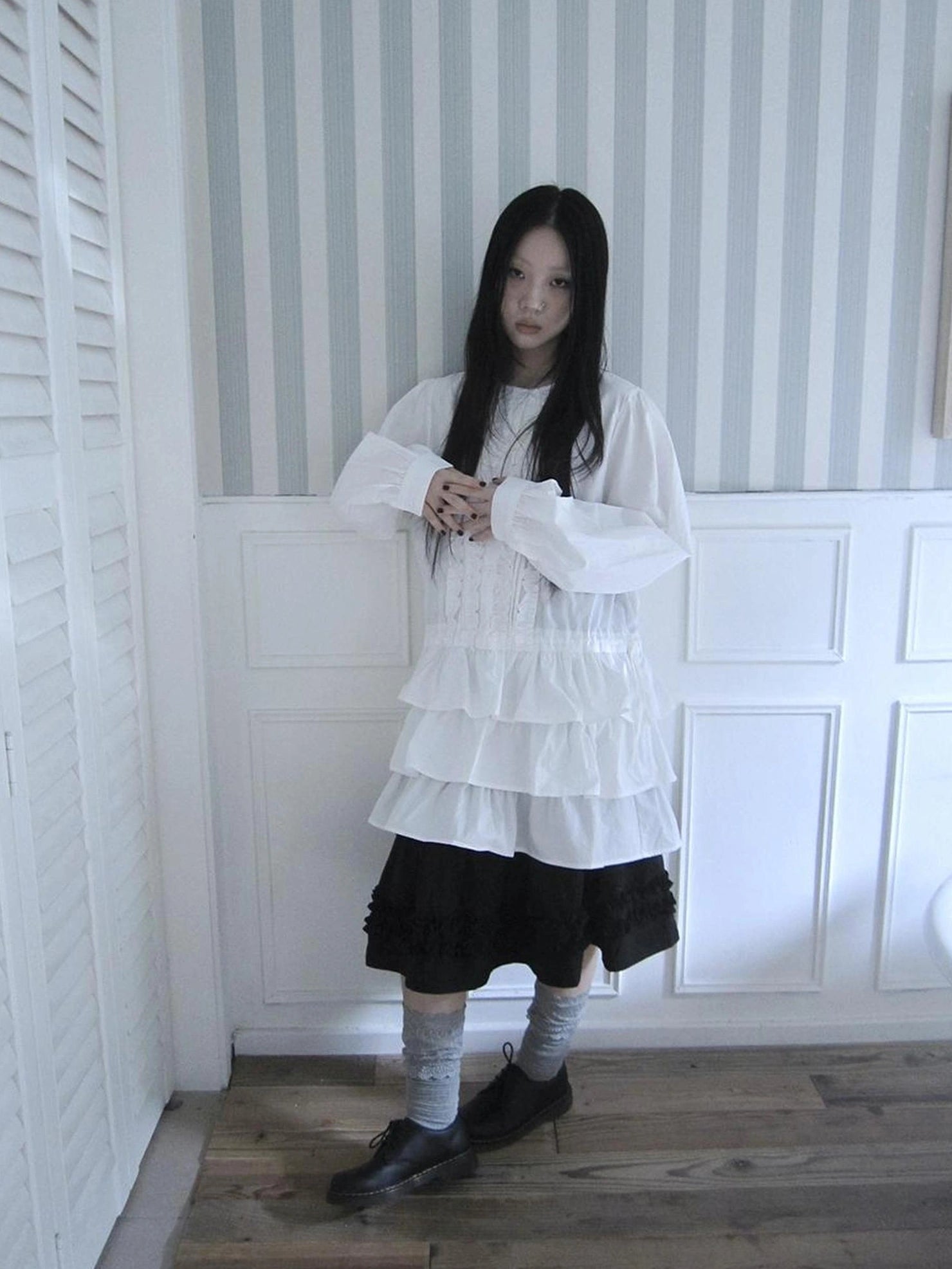 ang project Vintage Lace Trimmed Button Detail Ruffle Hem Blouse Shirts