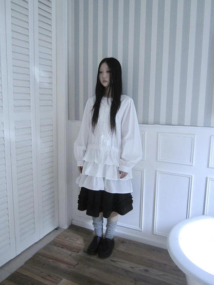 ang project Vintage Lace Trimmed Button Detail Ruffle Hem Blouse Shirts