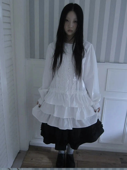 ang project Vintage Lace Trimmed Button Detail Ruffle Hem Blouse Shirts