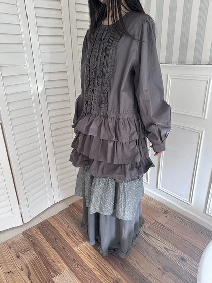 ang project Vintage Lace Trimmed Button Detail Ruffle Hem Blouse Shirts