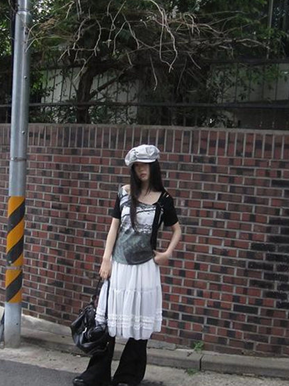 Vintage Lace Trimmed Layered Flared Mini Skirt