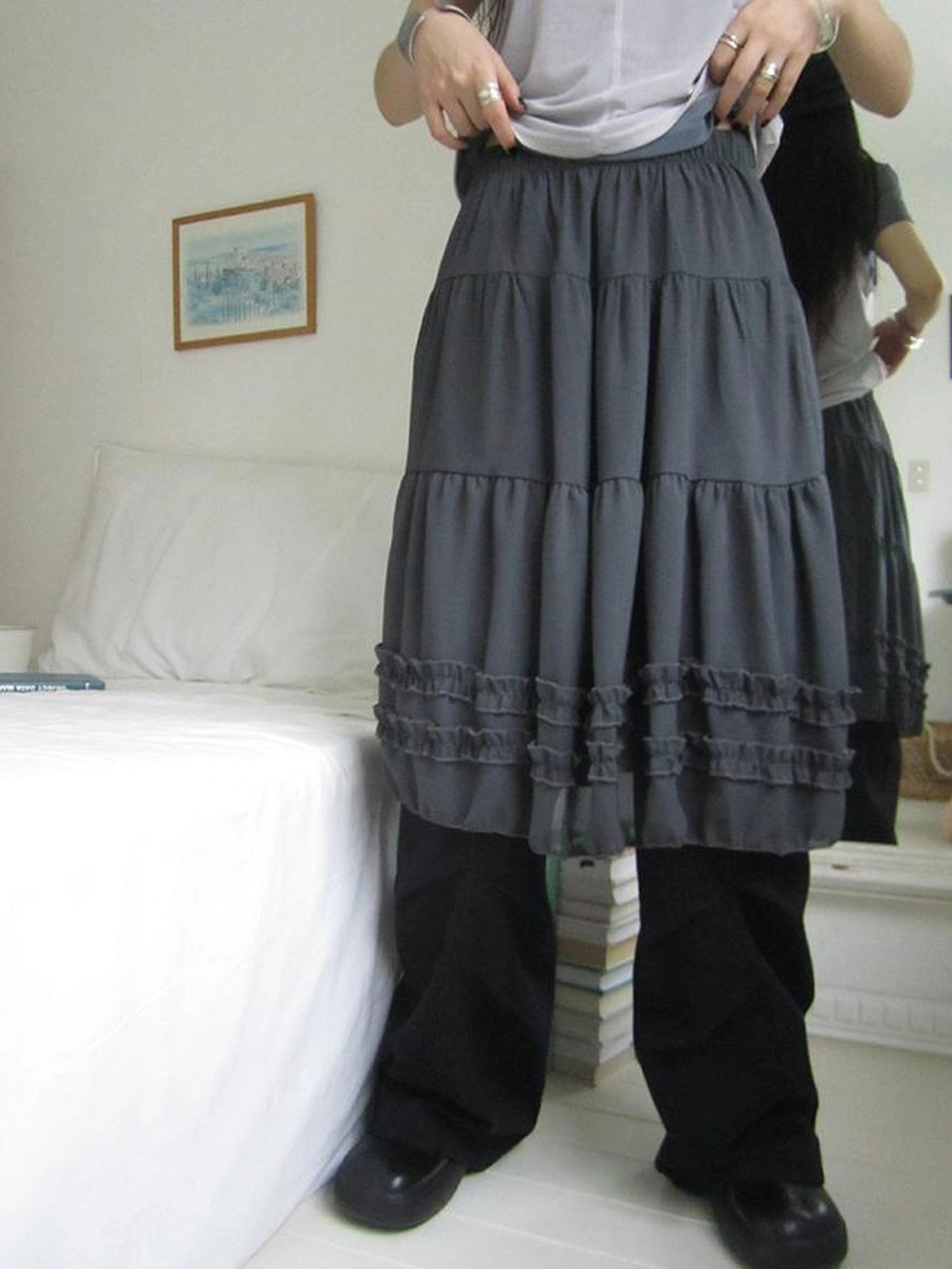 Vintage Lace Trimmed Layered Flared Mini Skirt