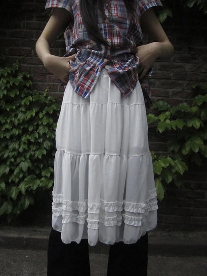 Vintage Lace Trimmed Layered Flared Mini Skirt