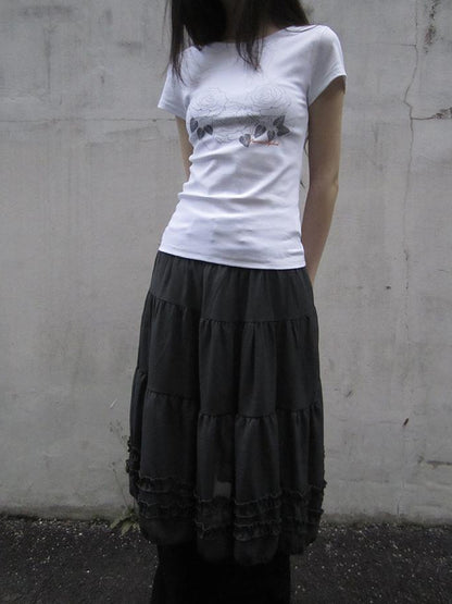 ang project Vintage Lace Trimmed Layered Flared Mini Skirt