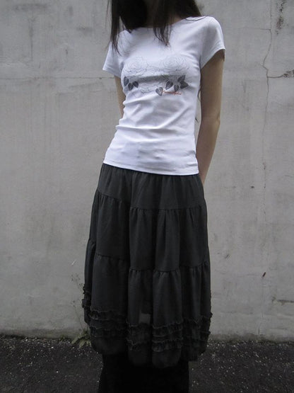 Vintage Lace Trimmed Layered Flared Mini Skirt