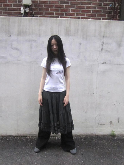 Vintage Lace Trimmed Layered Flared Mini Skirt