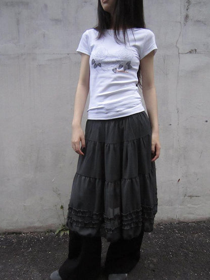 ang project Vintage Lace Trimmed Layered Flared Mini Skirt