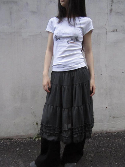 Vintage Lace Trimmed Layered Flared Mini Skirt