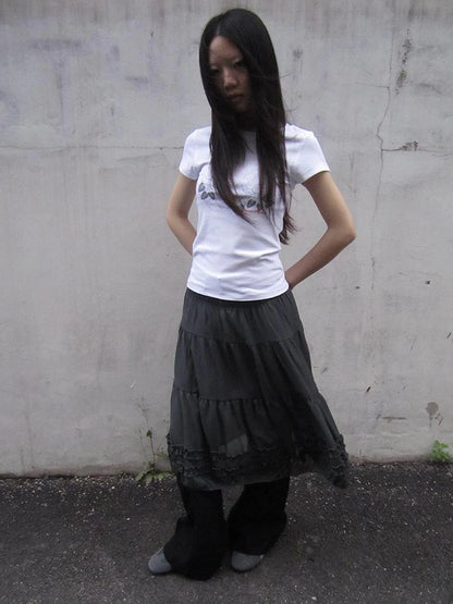 Vintage Lace Trimmed Layered Flared Mini Skirt