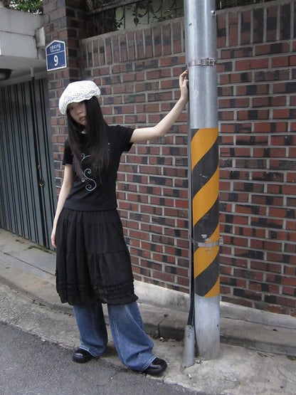 Vintage Lace Trimmed Layered Flared Mini Skirt