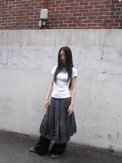 ang project Vintage Lace Trimmed Layered Flared Mini Skirt