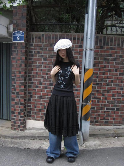 Vintage Lace Trimmed Layered Flared Mini Skirt