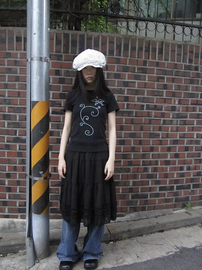 Vintage Lace Trimmed Layered Flared Mini Skirt