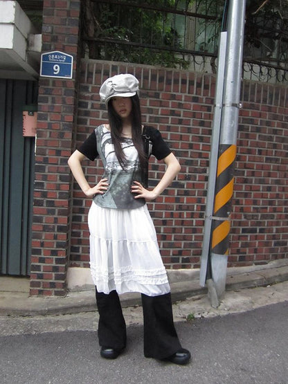 Vintage Lace Trimmed Layered Flared Mini Skirt