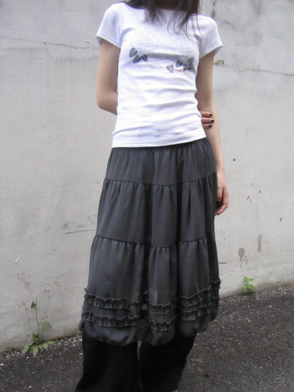 ang project Vintage Lace Trimmed Layered Flared Mini Skirt