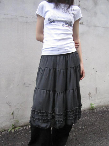 Vintage Lace Trimmed Layered Flared Mini Skirt