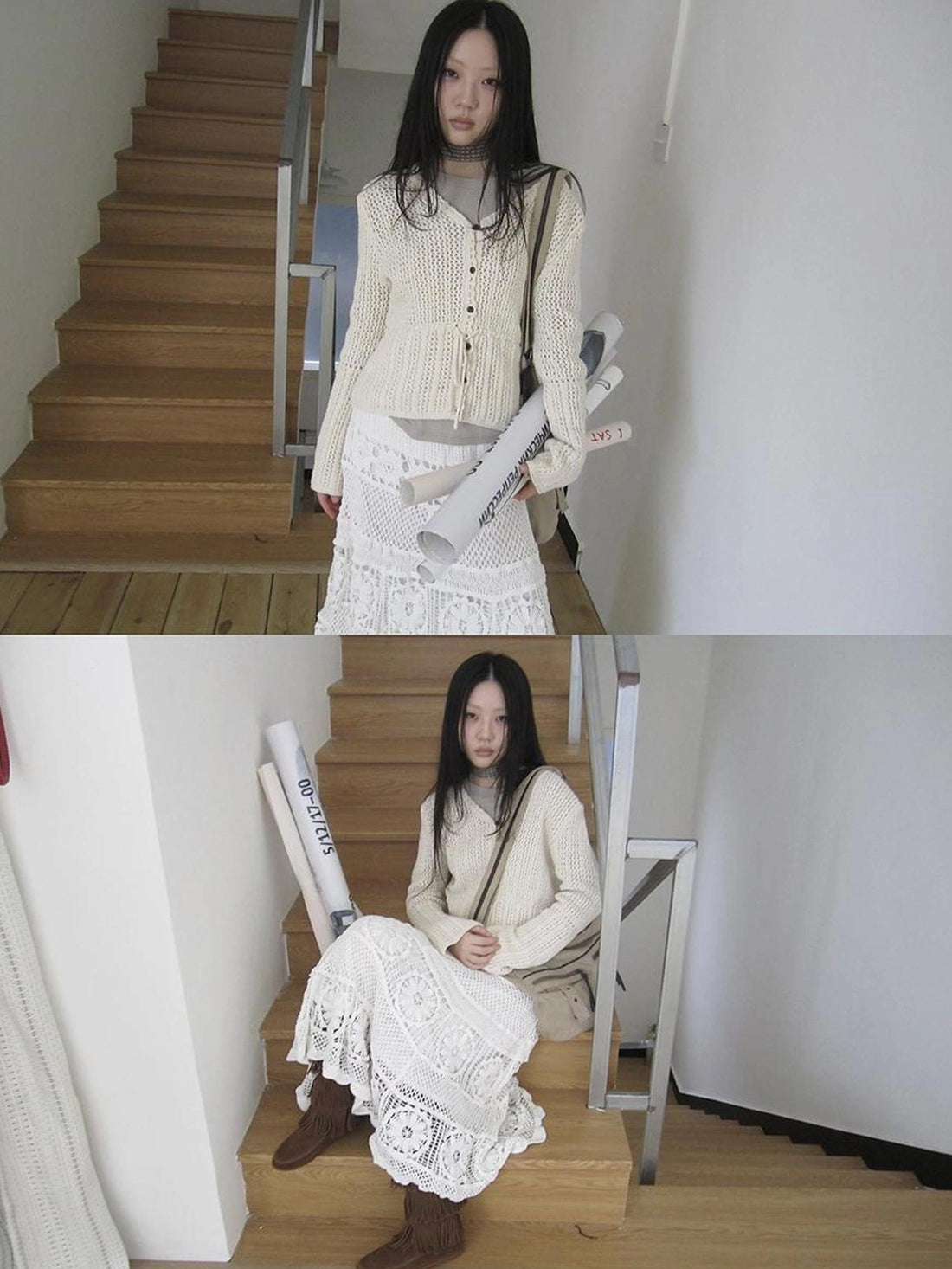 ang project Vintage Lace Up Waist V-neck Knit Top Cardigan