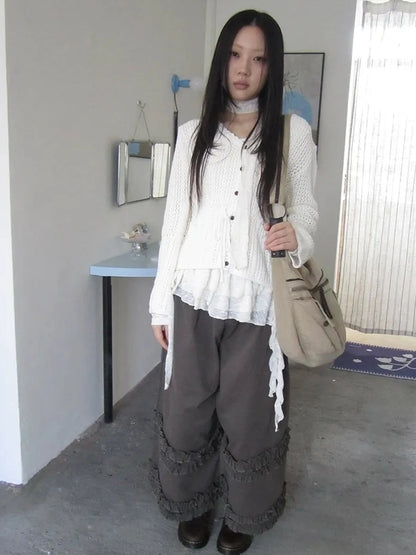 ang project Vintage Lace Up Waist V-neck Knit Top Cardigan