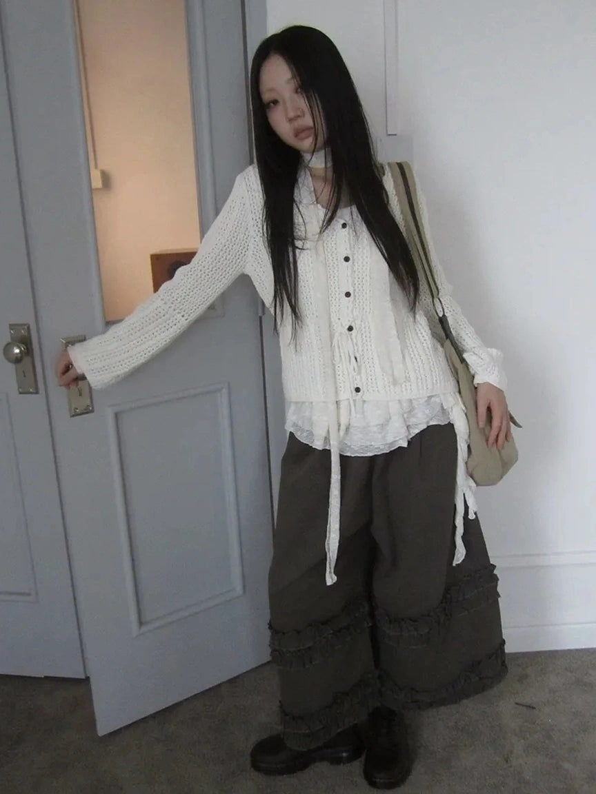 ang project Vintage Lace Up Waist V-neck Knit Top Cardigan