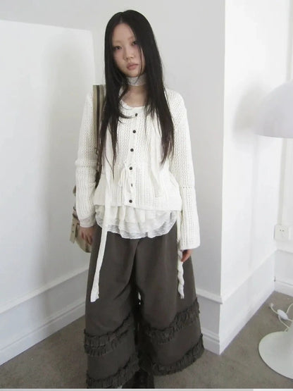 ang project Vintage Lace Up Waist V-neck Knit Top Cardigan