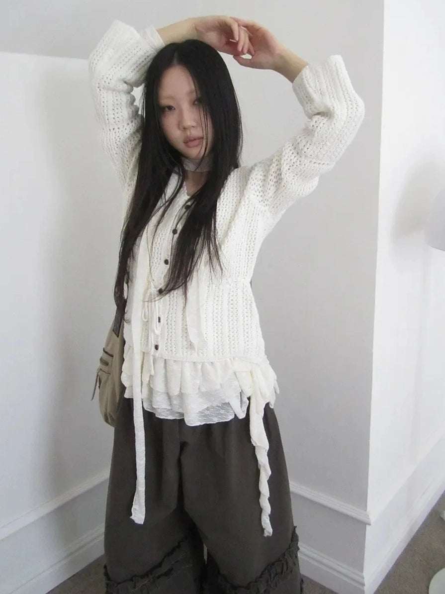 ang project Vintage Lace Up Waist V-neck Knit Top Cardigan