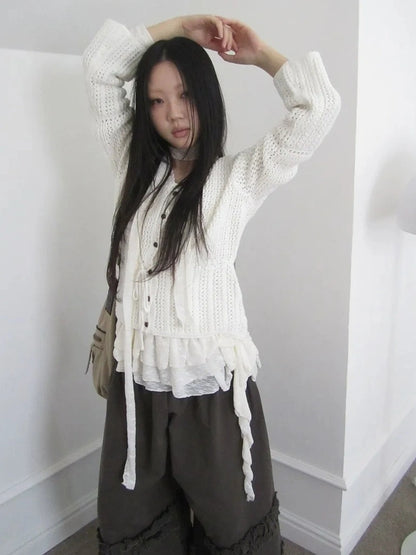 ang project Vintage Lace Up Waist V-neck Knit Top Cardigan