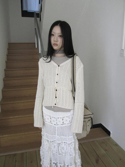 ang project Vintage Lace Up Waist V-neck Knit Top Cardigan