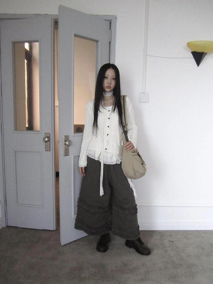 ang project Vintage Lace Up Waist V-neck Knit Top Cardigan