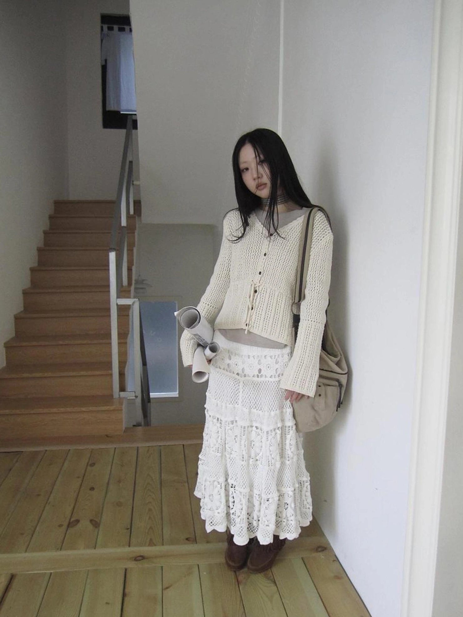 ang project Vintage Lace Up Waist V-neck Knit Top Cardigan